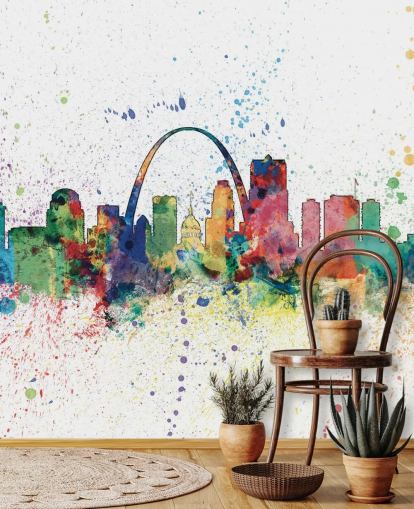 colorido mural de papel pintado de San Luis llamado Skyline de San Luis, Missouri, para dormitorios y oficinas colorido mural de papel pintado de San Luis llamado Skyline de San Luis, Missouri, para dormitorios y oficinas