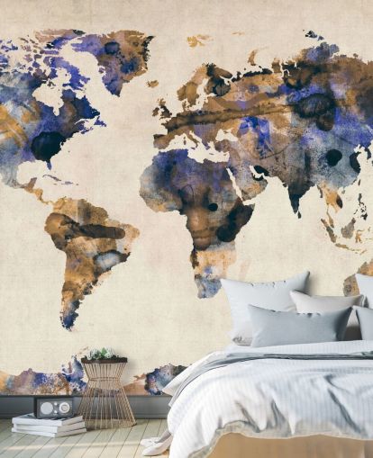blå og gull akvarell verdenskart veggmaleri kalt Urban Watercolor World Map V av Michael Tompsett