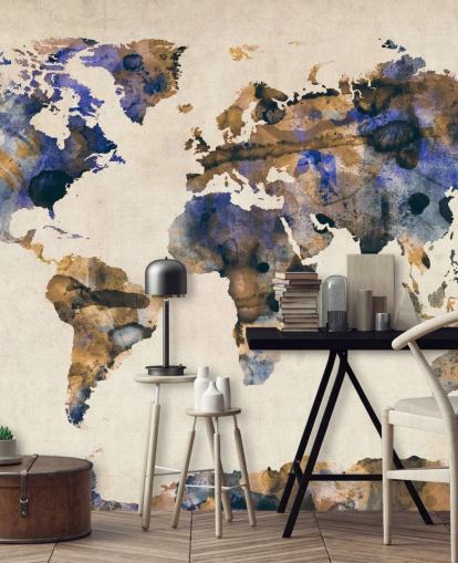 blue and gold watercolour world map wall mural called Urban Watercolor World Map V by Michael Tompsett blue and gold watercolour world map wall mural called Urban Watercolor World Map V by Michael Tompsett