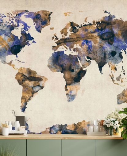 blue and gold watercolor world map wall mural called Urban Watercolor World Map V by Michael Tompsett blue and gold watercolor world map wall mural called Urban Watercolor World Map V by Michael Tompsett