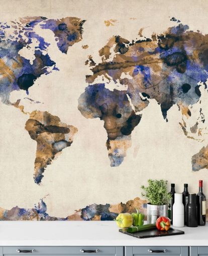 blue and gold watercolor world map wall mural called Urban Watercolor World Map V by Michael Tompsett blue and gold watercolor world map wall mural called Urban Watercolor World Map V by Michael Tompsett