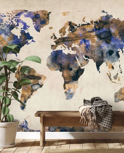 blue and gold watercolour world map wall mural called Urban Watercolor World Map V by Michael Tompsett