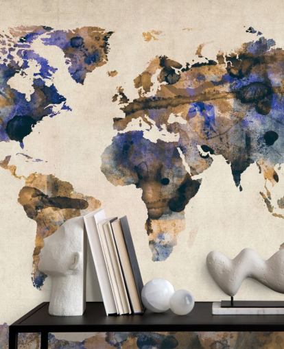 blå og gull akvarell verdenskart veggmaleri kalt Urban Watercolor World Map V av Michael Tompsett