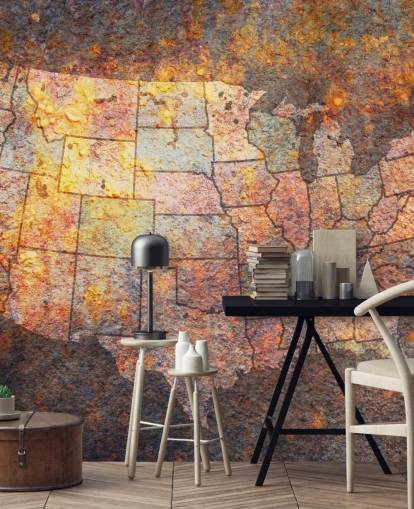 murale con mappa degli Stati Uniti con effetto ruggine chiamato USA Map On Rust di Michael Tompsett per camere da letto