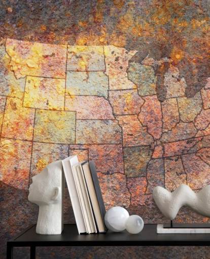 Michael Tompsettin ruosteefekti usa-kartan seinämaalaus nimeltä USA Map On Rust makuuhuoneisiin