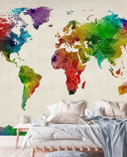 colourful watercolour map wallpaper mural called Watercolour Map Of The World III by Michael Tompsett