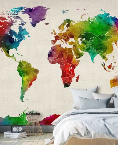 colorido mural de papel pintado con mapa en acuarela llamado Watercolour Map Of The World III de Michael Tompsett