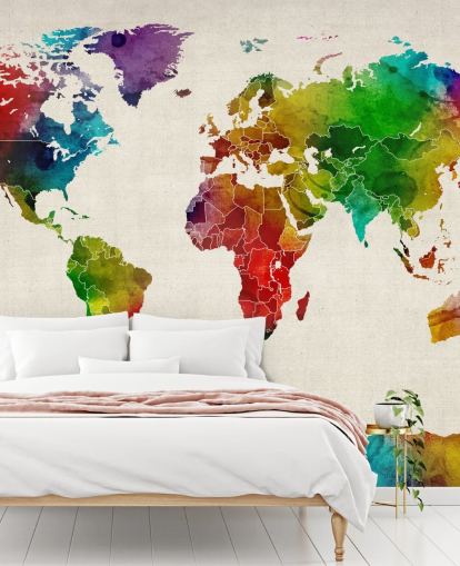 colourful watercolour map wallpaper mural called Watercolour Map Of The World III by Michael Tompsett