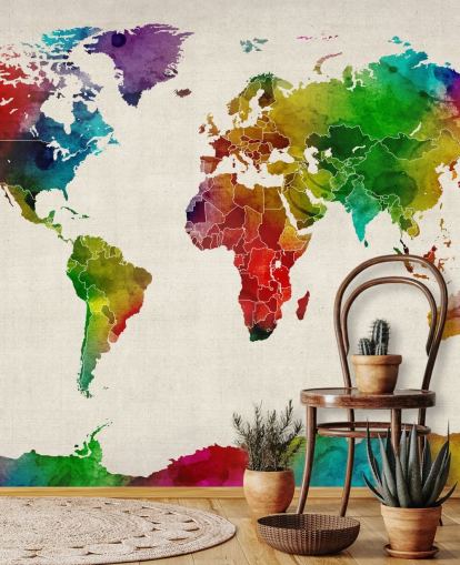 kleurrijke aquarelkaart behangmuurschildering genaamd Watercolour Map Of The World III van Michael Tompsett kleurrijke aquarelkaart behangmuurschildering genaamd Watercolour Map Of The World III van Michael Tompsett