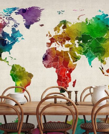 Michael Tompsettin värikäs vesivärikartta taustakuvamaalaus nimeltä Watercolor Map Of The World III