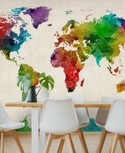 colourful watercolour map wallpaper mural called Watercolour Map Of The World III by Michael Tompsett