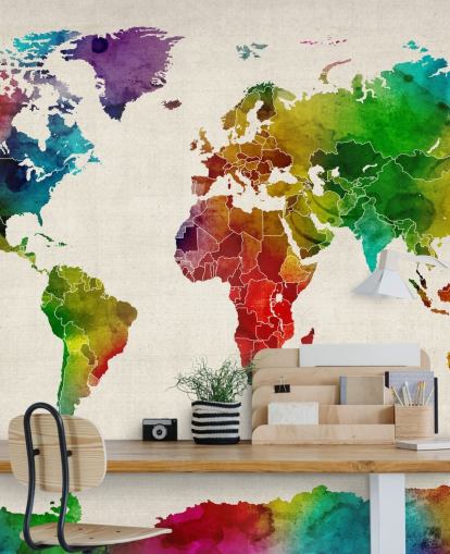 Michael Tompsettin värikäs vesivärikartta taustakuvamaalaus nimeltä Watercolor Map Of The World III Michael Tompsettin värikäs vesivärikartta taustakuvamaalaus nimeltä Watercolor Map Of The World III