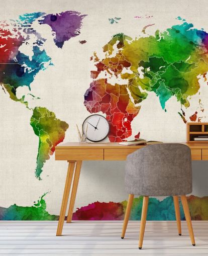 colorido mural de papel pintado con mapa en acuarela llamado Watercolour Map Of The World III de Michael Tompsett