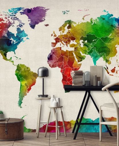 carta da parati murale con mappa ad acquerello colorata chiamata Watercolour Map Of The World III di Michael Tompsett
