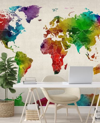 colourful watercolour map wallpaper mural called Watercolour Map Of The World III by Michael Tompsett
