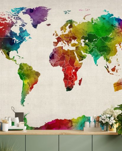 colorido mural de papel pintado con mapa en acuarela llamado Watercolour Map Of The World III de Michael Tompsett colorido mural de papel pintado con mapa en acuarela llamado Watercolour Map Of The World III de Michael Tompsett