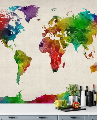 mapa colorido em aquarela, papel de parede, mural chamado Watercolour Map Of The World III, de Michael Tompsett mapa colorido em aquarela, papel de parede, mural chamado Watercolour Map Of The World III, de Michael Tompsett