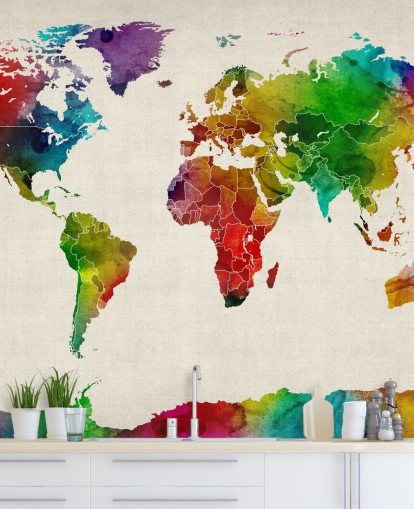 mapa colorido em aquarela, papel de parede, mural chamado Watercolour Map Of The World III, de Michael Tompsett