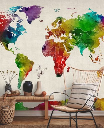 colorido mural de papel pintado con mapa en acuarela llamado Watercolour Map Of The World III de Michael Tompsett