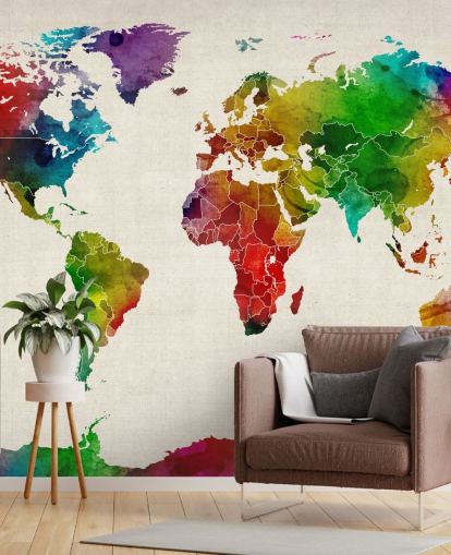 colorful watercolor map wallpaper mural called Watercolor Map Of The World III by Michael Tompsett