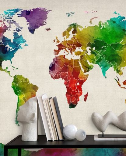 colorful watercolor map wallpaper mural called Watercolor Map Of The World III by Michael Tompsett