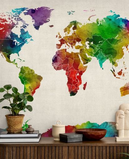 colorful watercolor map wallpaper mural called Watercolor Map Of The World III by Michael Tompsett