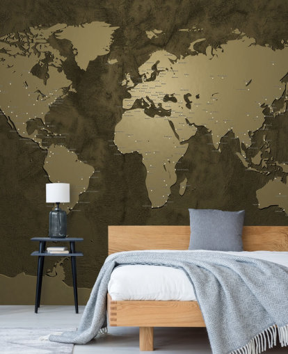 mural de mapa-múndi colorido em bronze