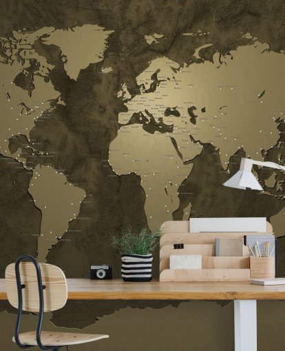 bronsefarget verdenskart veggmaleri