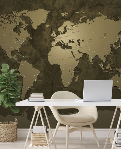 bronze coloured world map mural