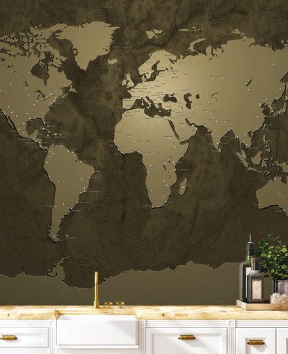bronze coloured world map mural