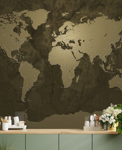 bronze coloured world map mural