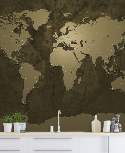 bronskleurige muurschildering van de wereldkaart