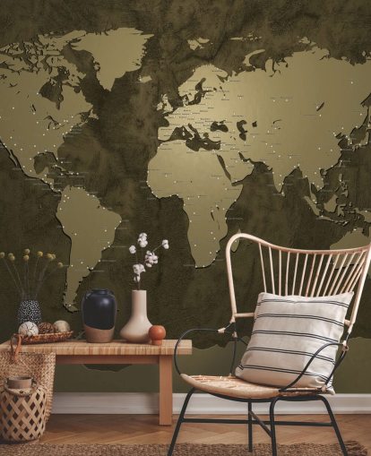 bronze colored world map mural