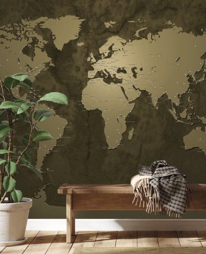 bronze coloured world map mural