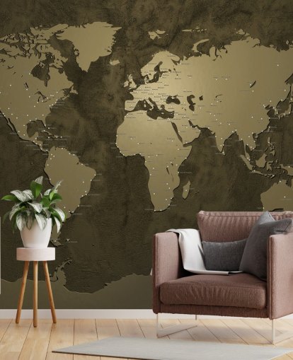 bronze colored world map mural