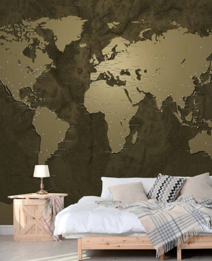 bronze colored world map mural