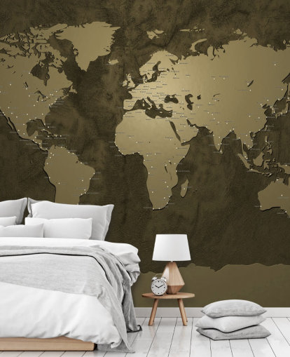 bronsefarget verdenskart veggmaleri