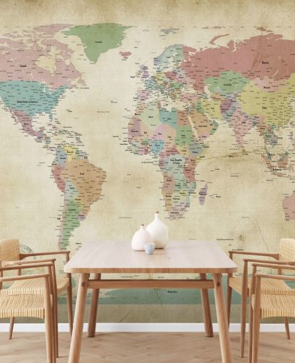 murale con mappa del mondo con città murale con mappa del mondo con città