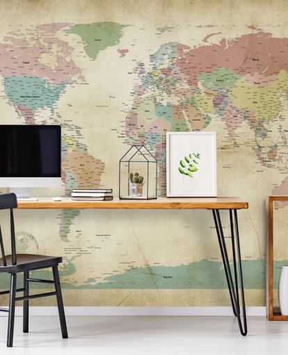 wereldkaart muurschildering met steden