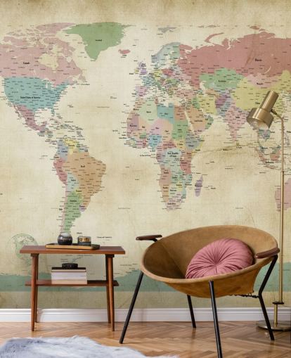 murale con mappa del mondo con città