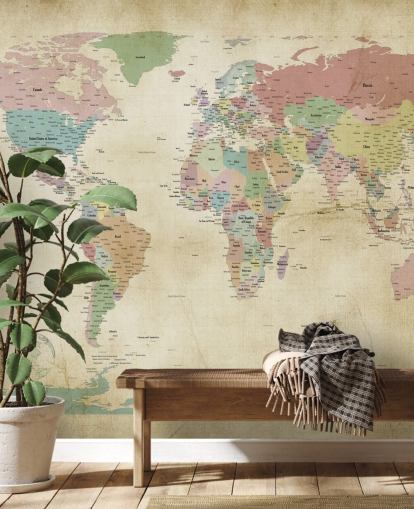 fresque murale de la carte du monde avec des villes