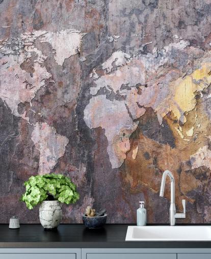 carta da parati murale con mappa del mondo su pietra