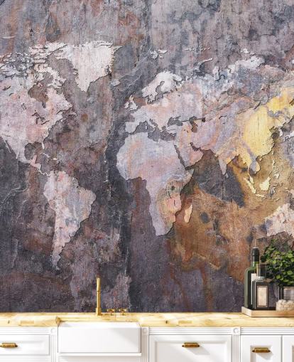 carta da parati murale con mappa del mondo su pietra