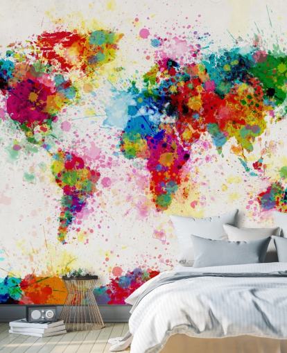 farbenfrohes Tapeten-Wandbild mit Weltkarte
