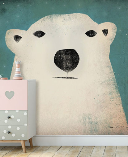 Grumpy Polar Bear Face Cartoon Wall Mural