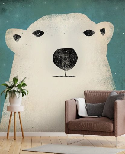 Grumpy Polar Bear Face Cartoon Wall Mural