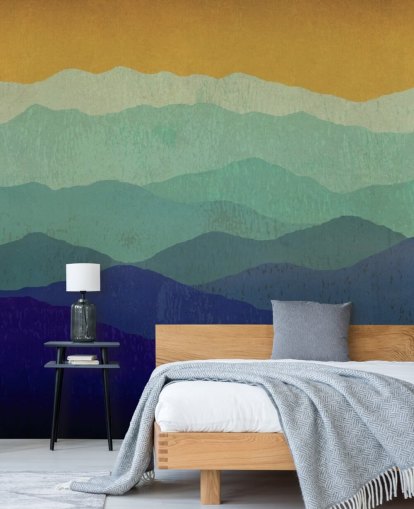 blauw en mosterdbergen behang