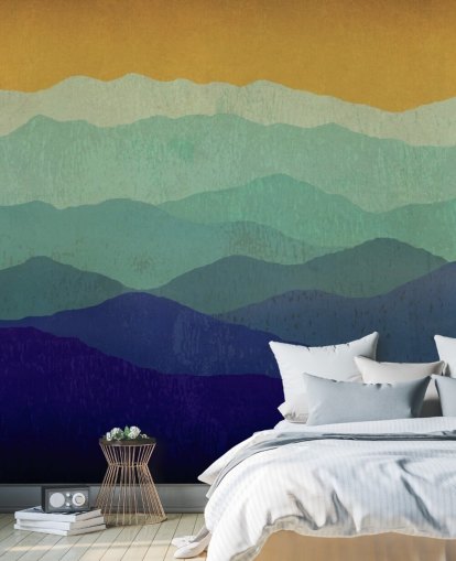 papier peint montagnes bleu et moutarde