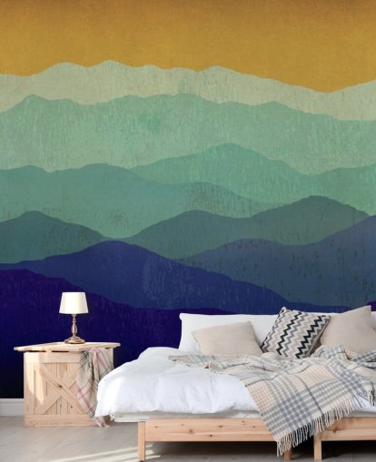papier peint montagnes bleu et moutarde