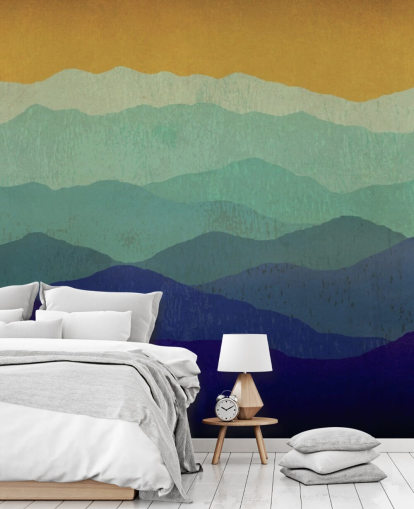 papier peint montagnes bleu et moutarde
